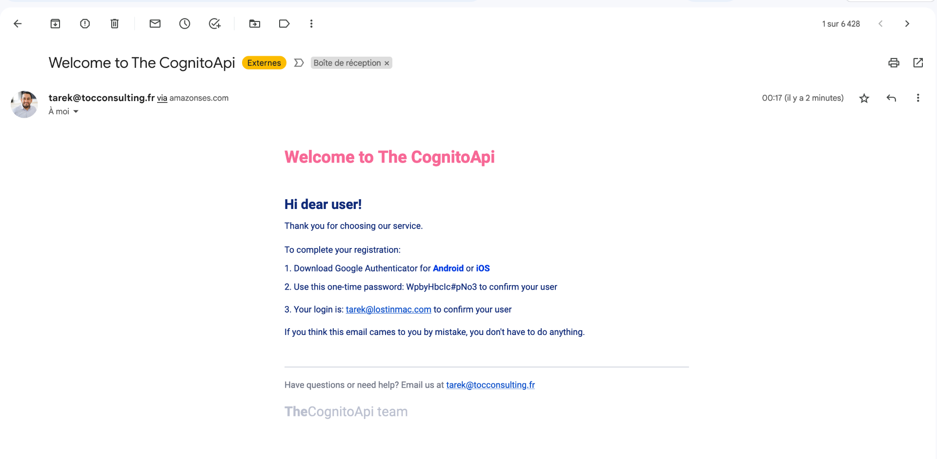 Welcome email example with temporary password