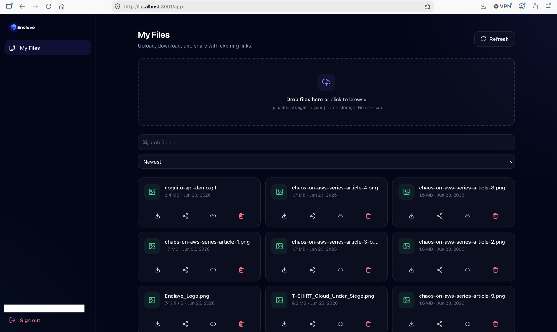 Enclave dashboard - My Files: upload, search, share and delete