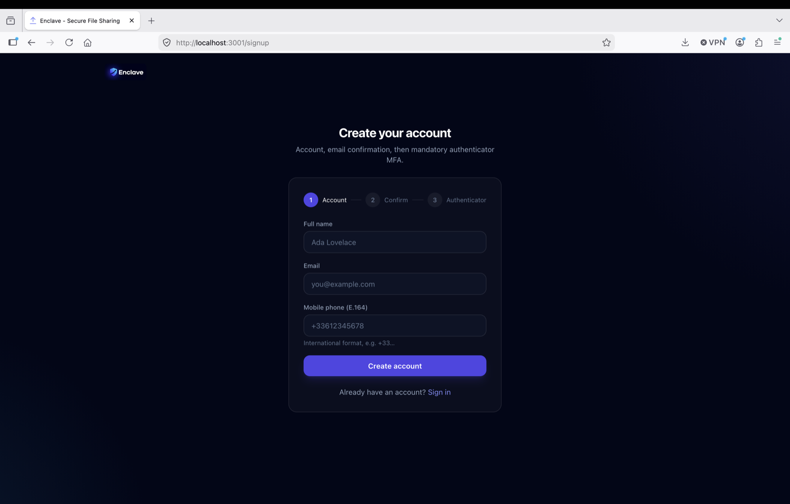 Enclave sign-up wizard - account, confirmation, mandatory MFA